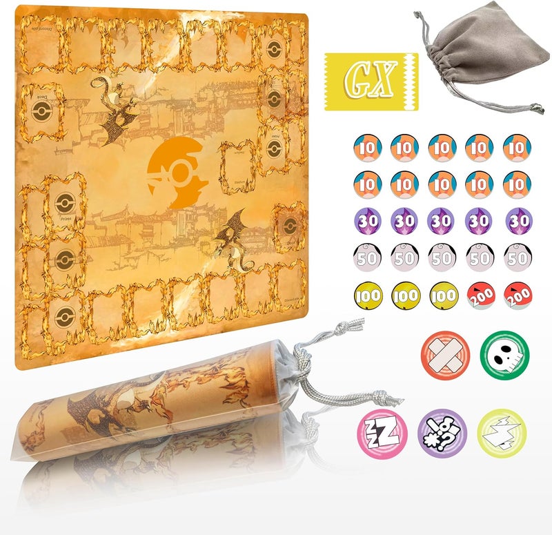 Extalas Playmat for Trading Card Game – 2-Player Trainer Mat with 31 Damage Counters and Professional Storage Bag - Image 1